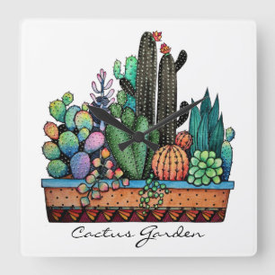 Cute Watercolor Cactus Garden In Pot Quadratische Wanduhr