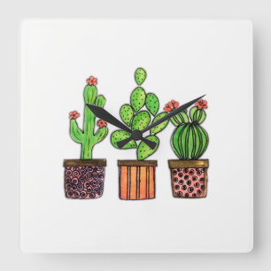 Cute Watercolor Cactus In Pots Quadratische Wanduhr