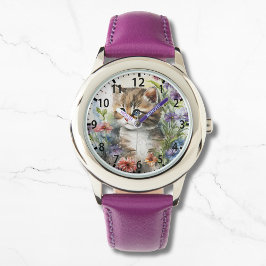 Cute Watercolor Cat Pretty Flowers Girly Armbanduhr