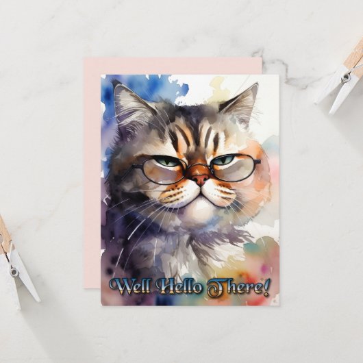 Cute Watercolor Cat Wearing Glasses Greeting Card Einladung (Vorderseite/Rückseite Beispiel)