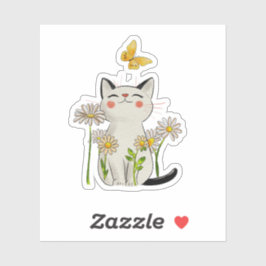 Cute Watercolor Cat with Daisies and Butterfly Aufkleber