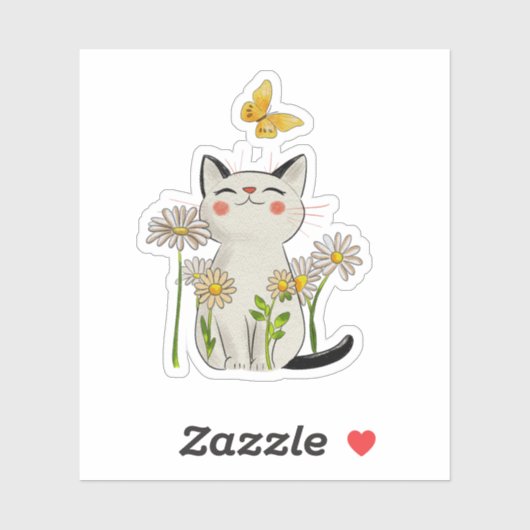 Cute Watercolor Cat with Daisies and Butterfly Aufkleber (Blatt)