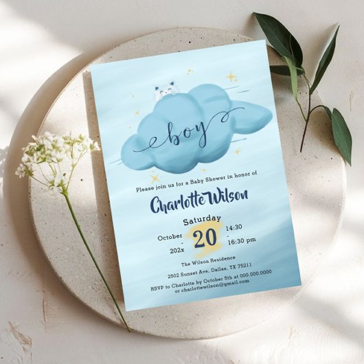 Cute Watercolor Cloud Baby Boy Shower Einladung