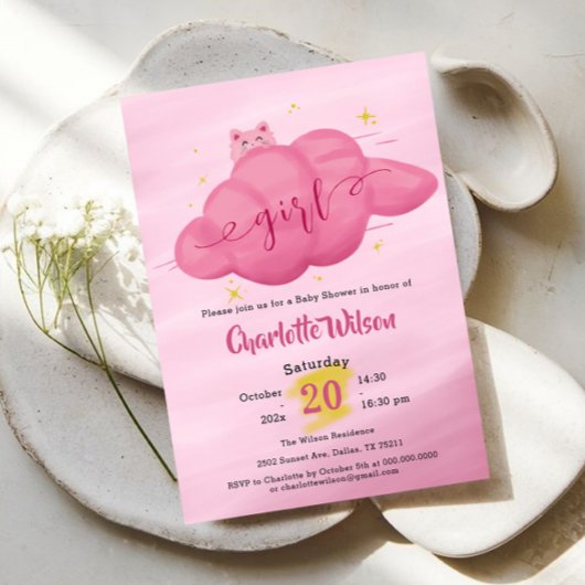 Cute Watercolor Cloud Baby Girl Shower Einladung
