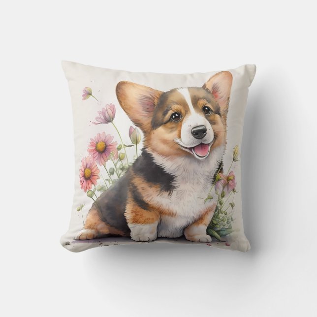 Cute Watercolor Corgi Puppy Dog Kissen (Vorderseite)