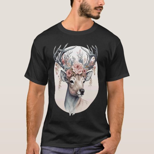 Cute Watercolor Deer Flower Crown Animal T-Shirt (Vorderseite)