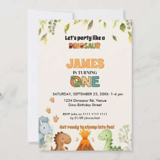 Cute Watercolor Dinosaur 1st Birthday Invitation Einladung