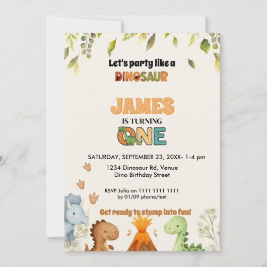 Cute Watercolor Dinosaur 1st Birthday Invitation Einladung (Vorderseite)