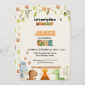 Cute Watercolor Dinosaur 1st Birthday Invitation Einladung (Vorne/Hinten)