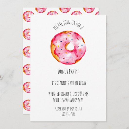 Cute watercolor Donut pink Glaze birthday Einladung (Vorne/Hinten)