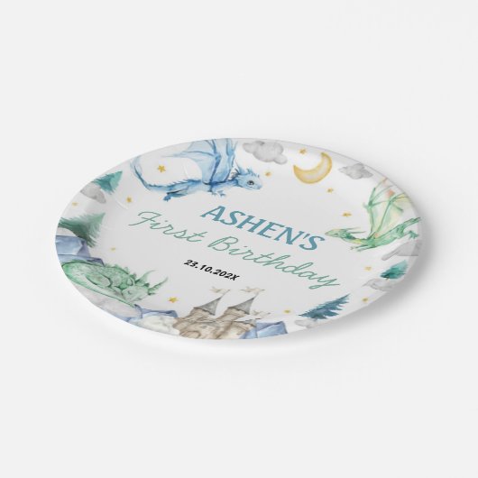 Cute Watercolor Dragon Birthday Pappteller (Schrägansicht)