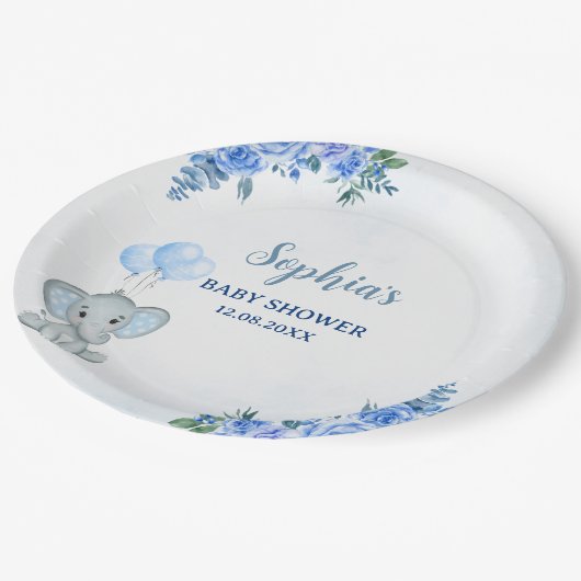 Cute Watercolor Elephant baby shower Boy Pappteller (Schrägansicht)