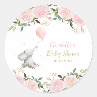 Cute Watercolor Elephant Floral Girl Baby Shower Runder Aufkleber
