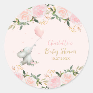 Cute Watercolor Elephant Floral Girl Baby Shower Runder Aufkleber