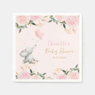 Cute Watercolor Elephant Floral Girl Baby Shower Serviette