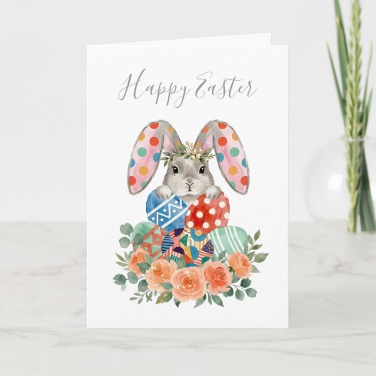 Cute Watercolor Floral Easter Bunny Eggs Karte (Vorderseite)