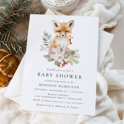Cute Watercolor Fox Winter Baby Shower Einladung