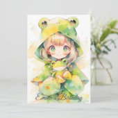 Cute watercolor frog girl birthday einladung (Stehend Vorderseite)