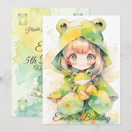 Cute watercolor frog girl birthday einladung (Vorne/Hinten)