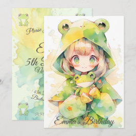Cute watercolor frog girl birthday einladung