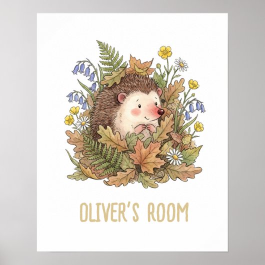 Cute Watercolor Hedgehog & Wildflowers Nursery Poster (Vorne)