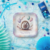 Cute Watercolor Hedgehog with Balloons Birthday Pappteller (Party)