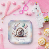 Cute Watercolor Hedgehog with Balloons Birthday Pappteller (Party)