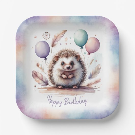 Cute Watercolor Hedgehog with Balloons Birthday Pappteller (Vorderseite)