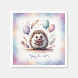 Cute Watercolor Hedgehog with Balloons Birthday Serviette