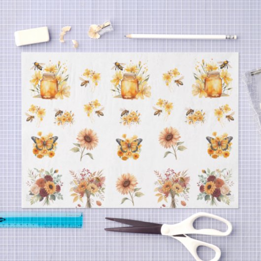 Cute Watercolor Honey Bees & Flowers Seidenpapier (Handwerk)
