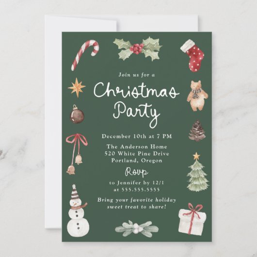 Cute Watercolor Illustrations Christmas Party Einladung (Vorderseite)