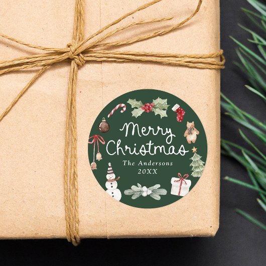 Cute Watercolor Illustrations Green Christmas Runder Aufkleber
