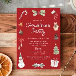 Cute Watercolor Illustrations Red Christmas Party Einladung