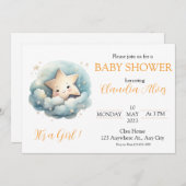 Cute Watercolor Little Star in Blue Clouds Einladung (Vorne/Hinten)