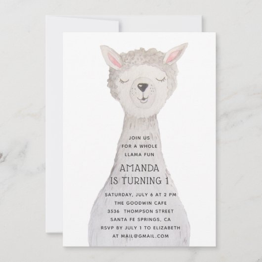 Cute Watercolor Llama Birthday | Boho Kids Party Einladung (Vorderseite)