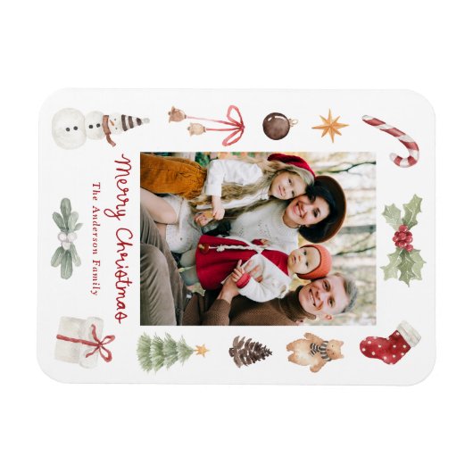 Cute Watercolor Merry Christmas Family Photo Magnet (Horizontal)