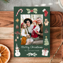 Cute Watercolor Merry Christmas Green Family Photo Feiertagskarte