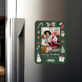 Cute Watercolor Merry Christmas Green Family Photo Magnet