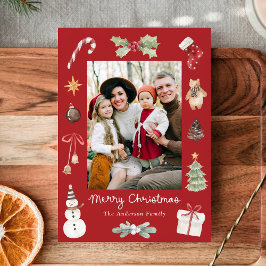 Cute Watercolor Merry Christmas Red Family Photo Feiertagskarte