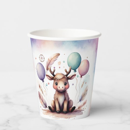 Cute Watercolor Moose with Balloons Birthday  Pappbecher (Vorderseite)