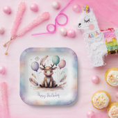 Cute Watercolor Moose with Balloons Birthday Pappteller (Party)