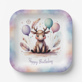 Cute Watercolor Moose with Balloons Birthday  Pappteller