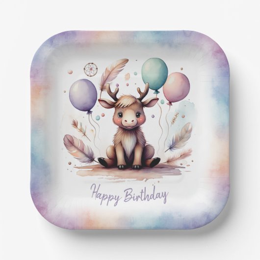 Cute Watercolor Moose with Balloons Birthday Pappteller (Vorderseite)