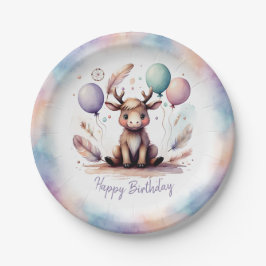 Cute Watercolor Moose with Balloons Birthday  Pappteller