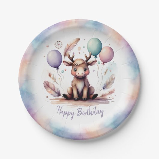 Cute Watercolor Moose with Balloons Birthday Pappteller (Vorderseite)