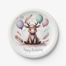 Cute Watercolor Moose with Balloons Birthday  Pappteller