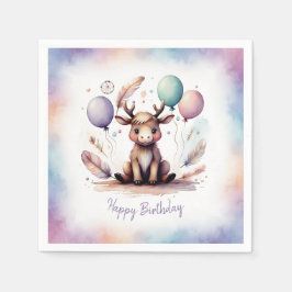 Cute Watercolor Moose with Balloons Birthday  Serviette