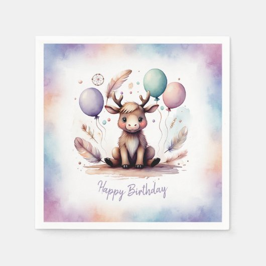 Cute Watercolor Moose with Balloons Birthday  Serviette (Vorderseite)