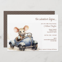 Cute Watercolor Mouse in Blue Car Baby Shower Einladung