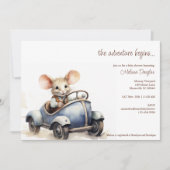 Cute Watercolor Mouse in Blue Car Baby Shower Einladung (Vorderseite)